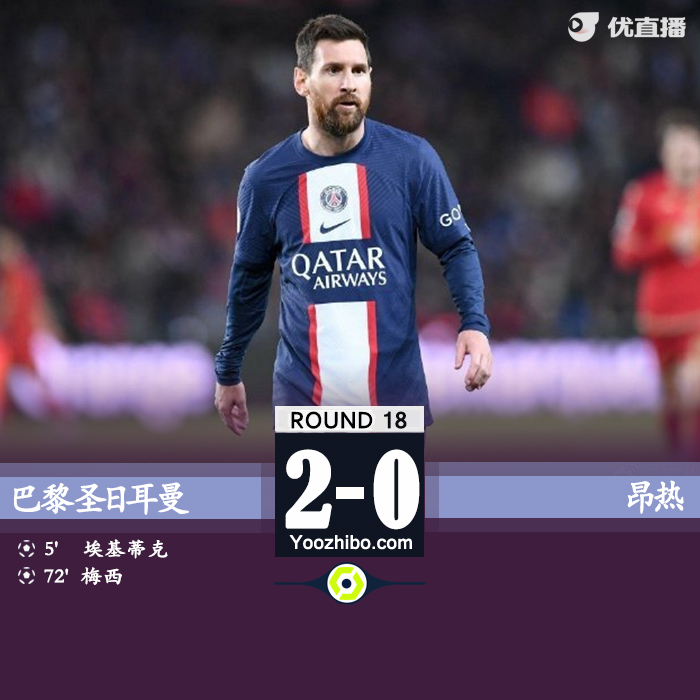 巴黎2-0昂热 梅西回归破门穆基勒助攻双响