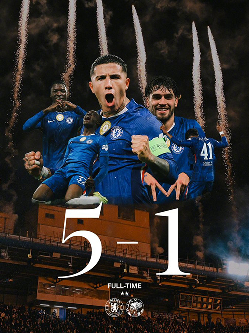 欧冠：切尔西5-1阿贾克斯 恩佐、埃斯特旺点射 凯塞多建功